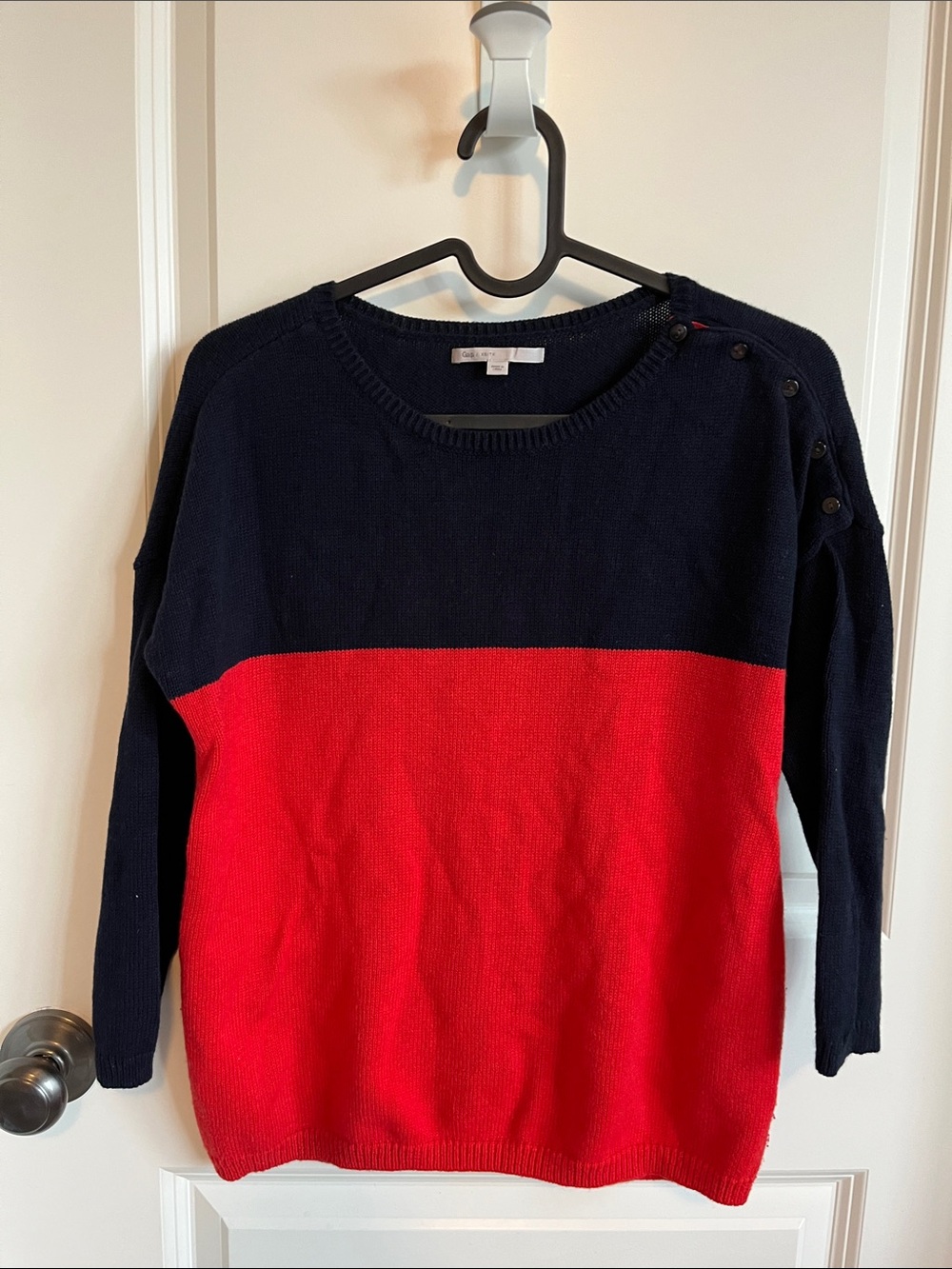 GAP Kids Navy and Red Colorblock Crewneck Sweater with Shoulder Buttons
